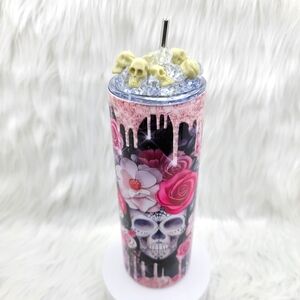 Pink gothic skulls skinny tumbler drinking cup 20 Oz. with ice topper.